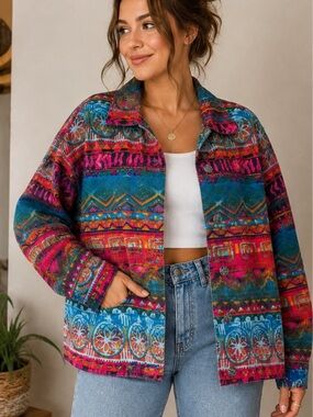 Chico's Multicolor Tribal-Print Jean Jacket - Red, Blue, Green, Pink